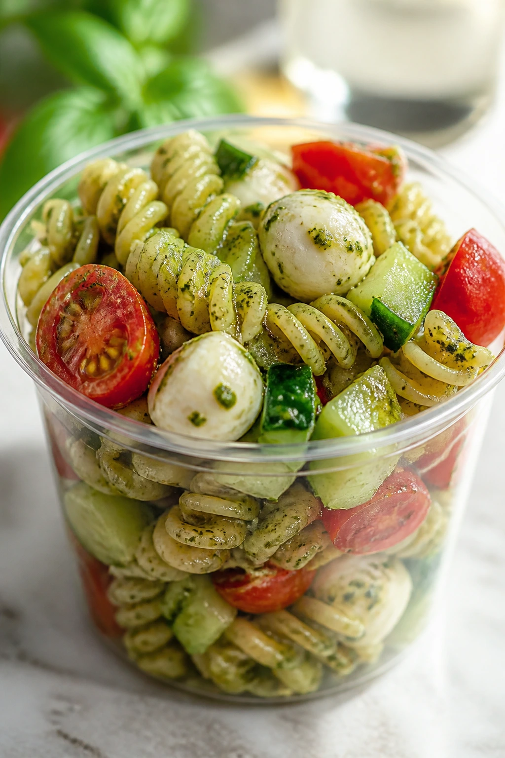 Cup of pesto pasta salad with rotini and mozzarella