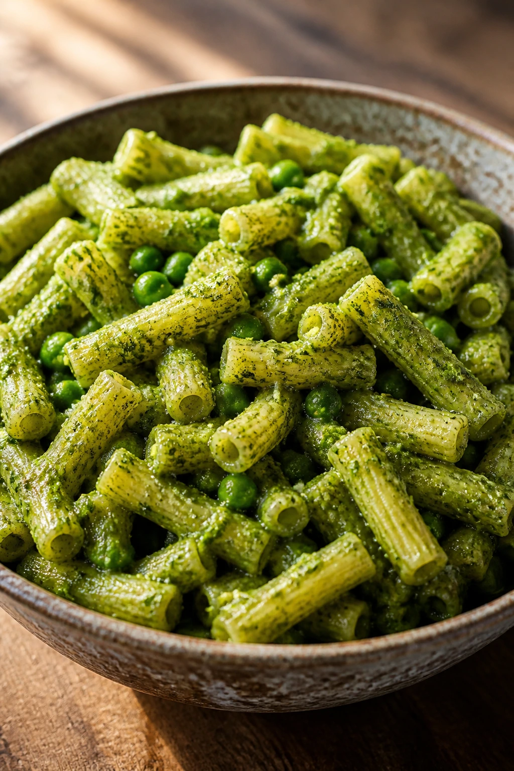 Green pesto pasta with peas in a bowl