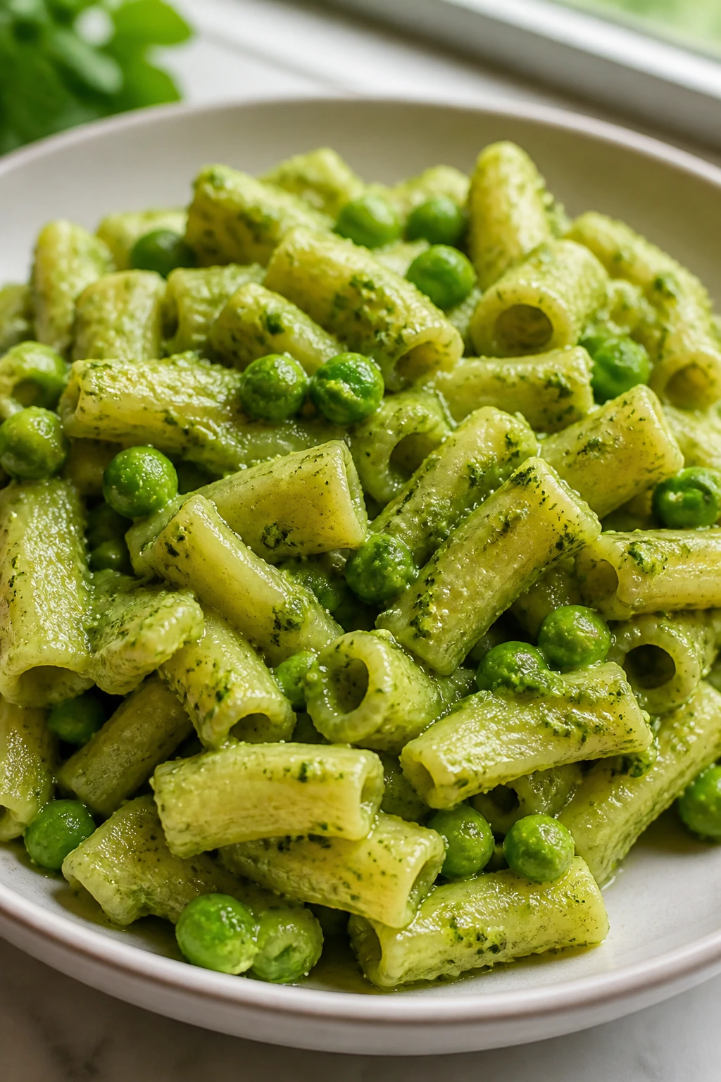 Pesto pasta with peas on a plate in a sunlit kitchen