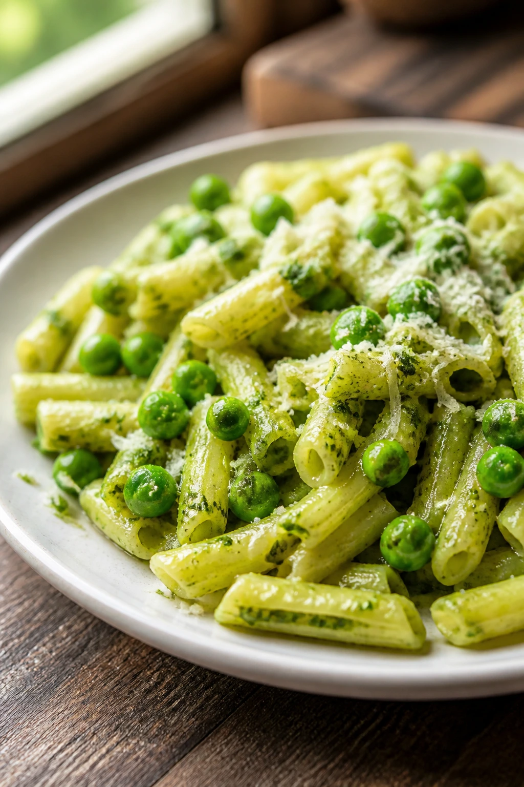 Close-up of pesto pasta with peas on rustic table