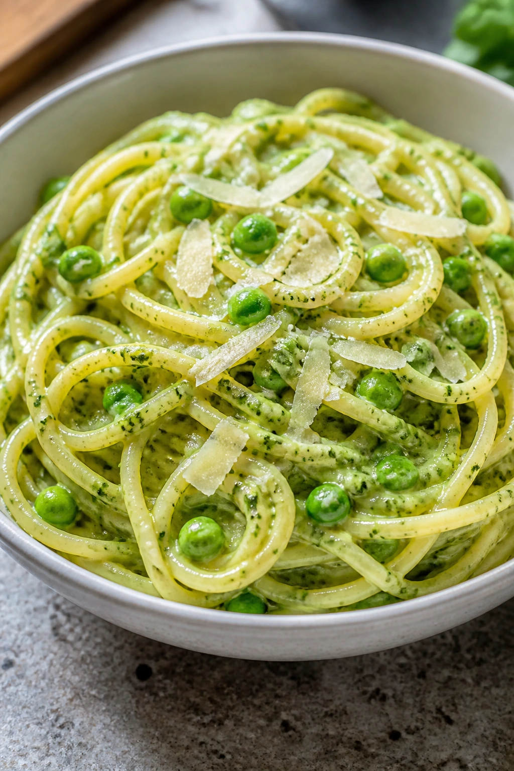 Creamy pesto pasta with peas in a bowl under soft kitchen light