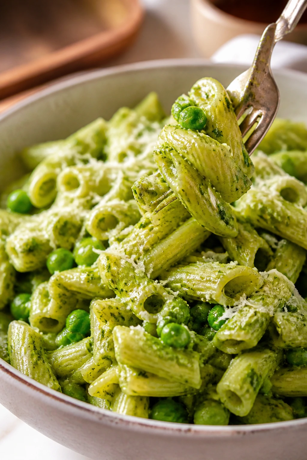 Pesto pea pasta in a glossy bowl with peas