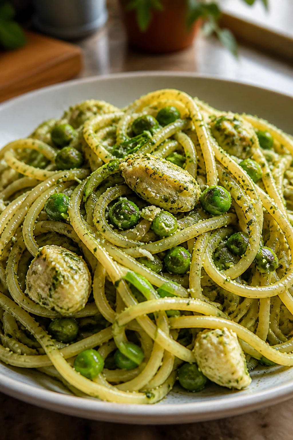 Close-up of pesto pasta with peas on a plate