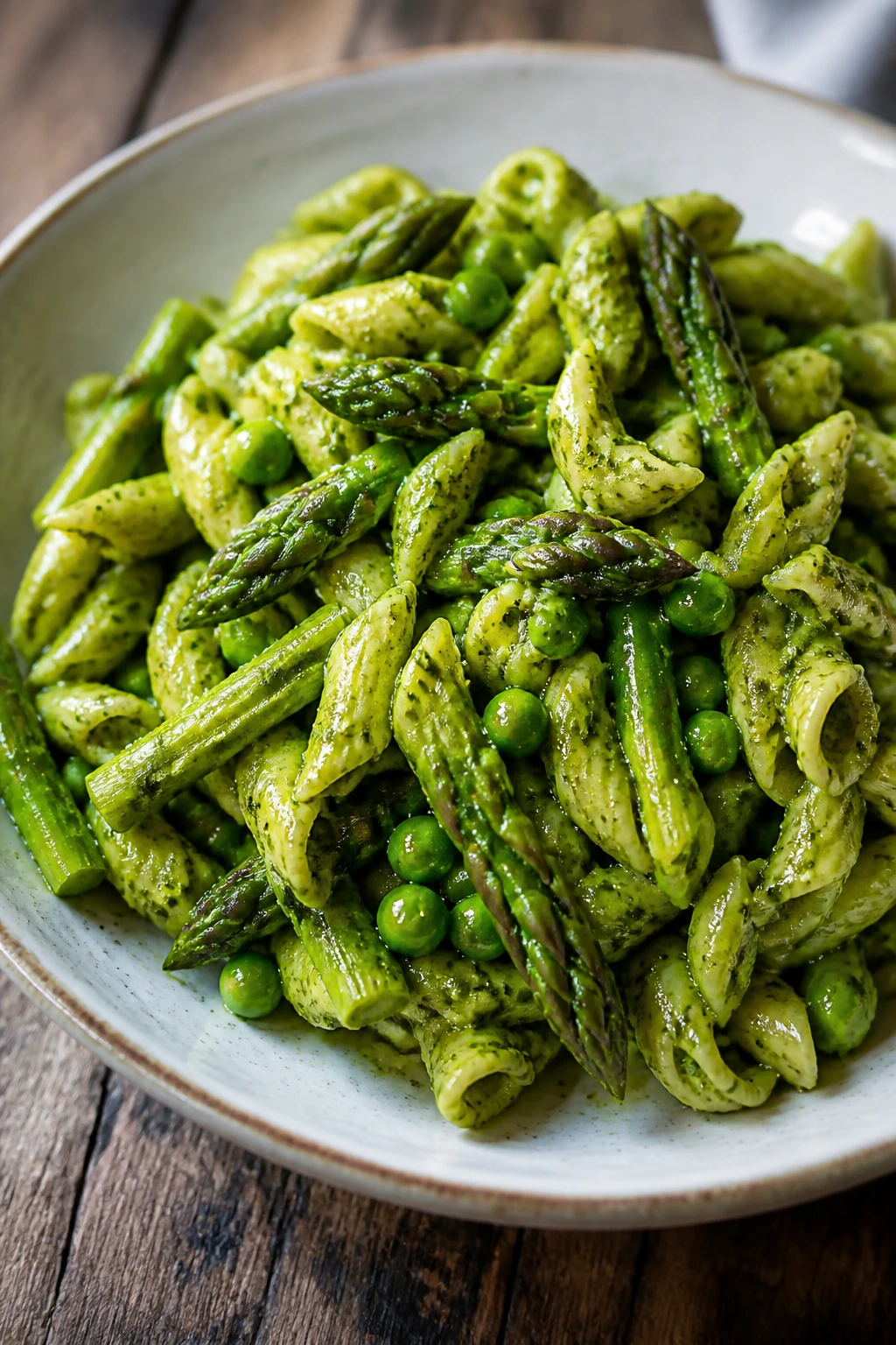 Close-up of pesto pasta with peas and asparagus on a plate