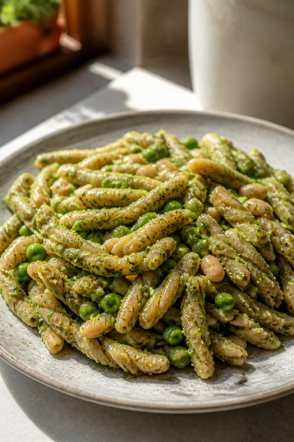 Pesto pasta with peas and white beans on a plate