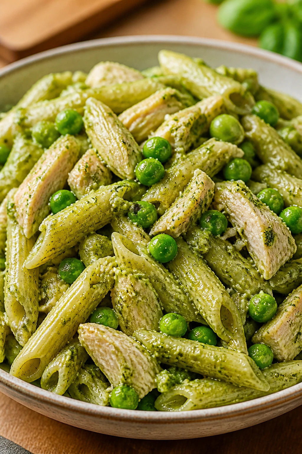 Close-up of pesto pasta with peas and chicken in a shallow bowl