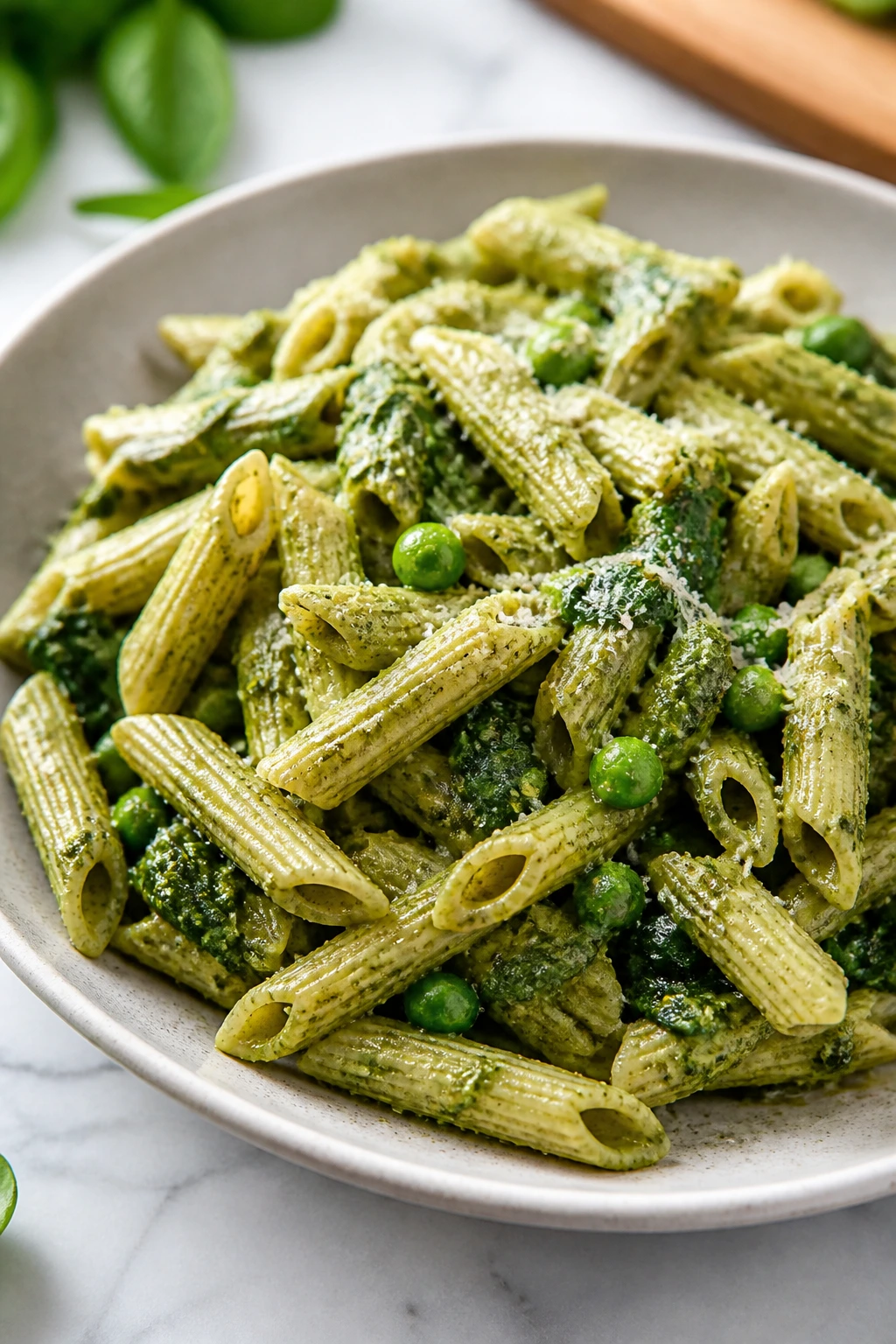 Plate of pesto pasta with peas and spinach on a bright kitchen surface