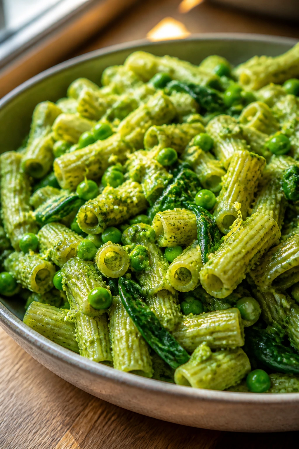 Close-up of pesto pasta with peas and spinach in a bowl