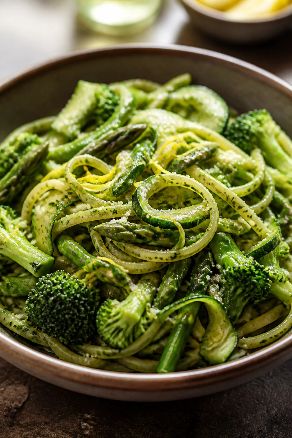 Close-up of pesto pasta primavera with green vegetables