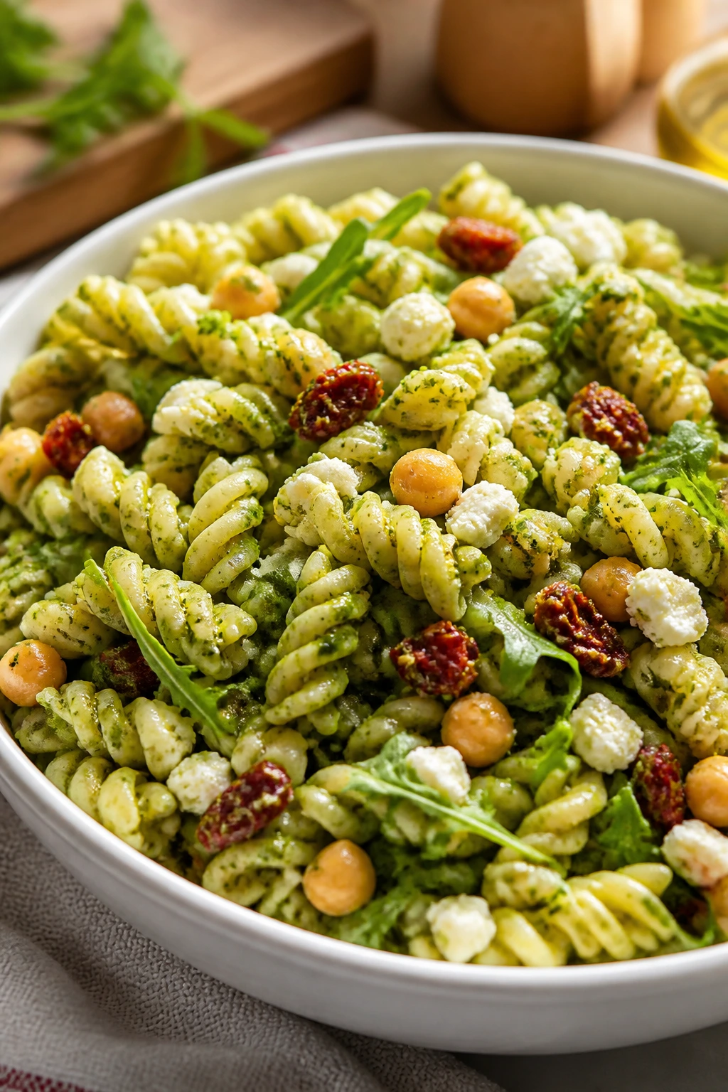 Green pesto pasta salad with chickpeas in a bowl
