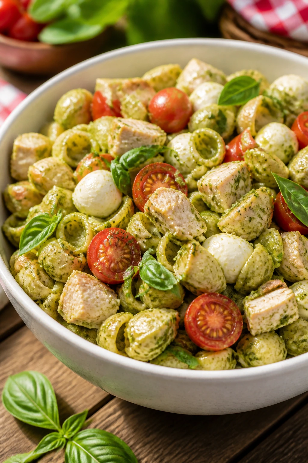 Close-up of pesto chicken caprese pasta salad in a bowl