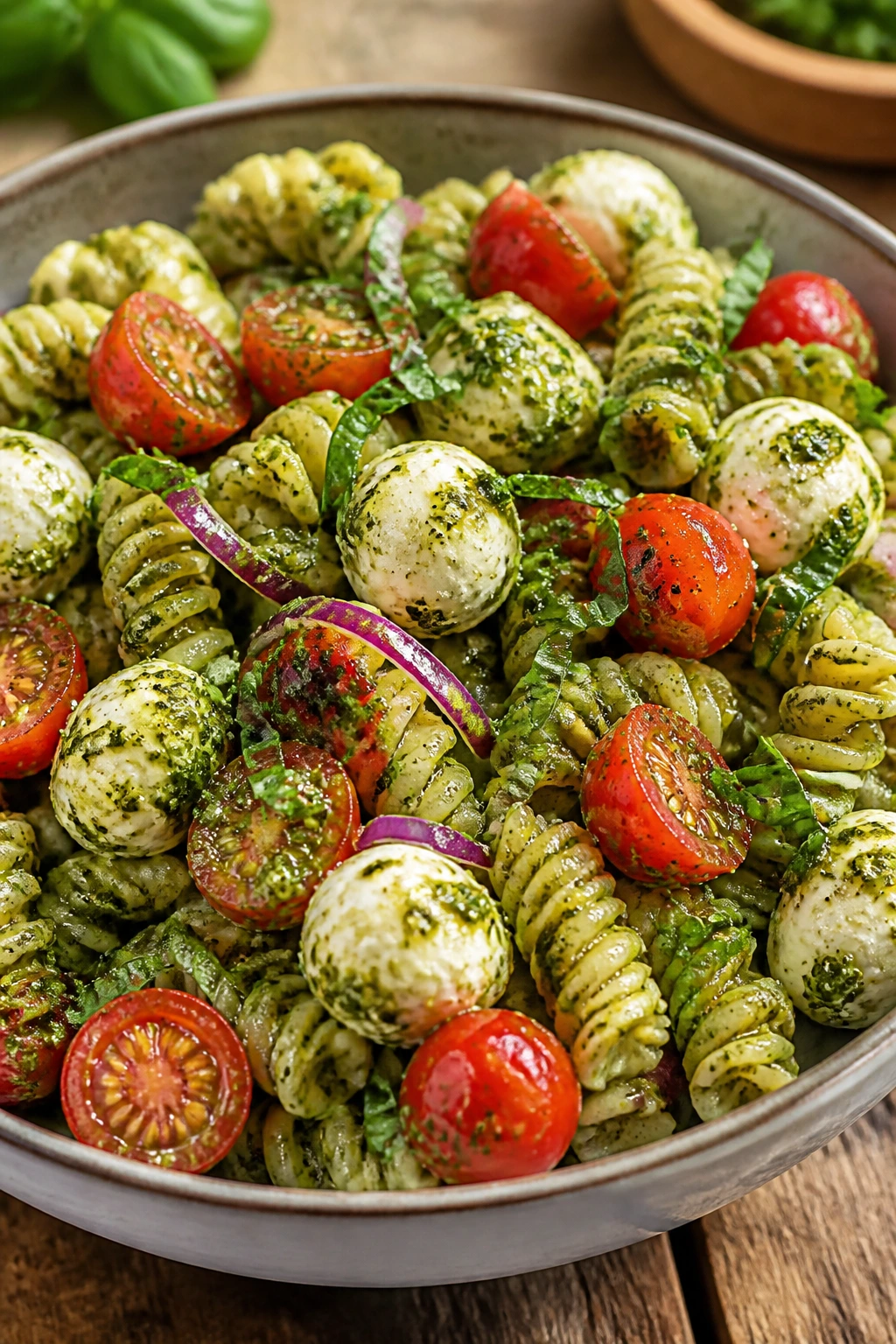 Pasta salad with pesto, cherry tomatoes and mozzarella pearls in a rustic outdoor setting