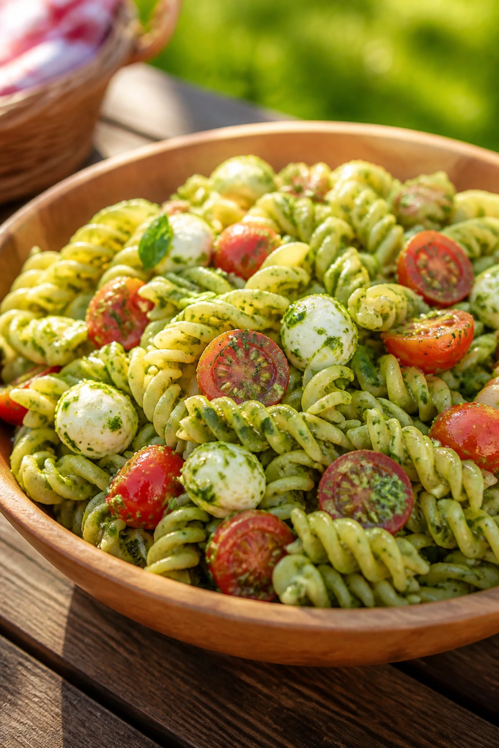 Close-up of pesto pasta salad with rotini, tomatoes, and mozzarella on a wooden table outdoors