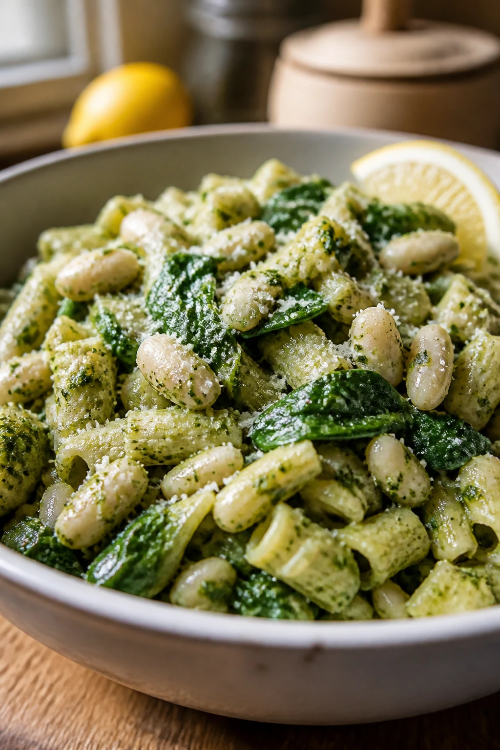 Close-up of pesto white bean pasta with spinach in a bowl