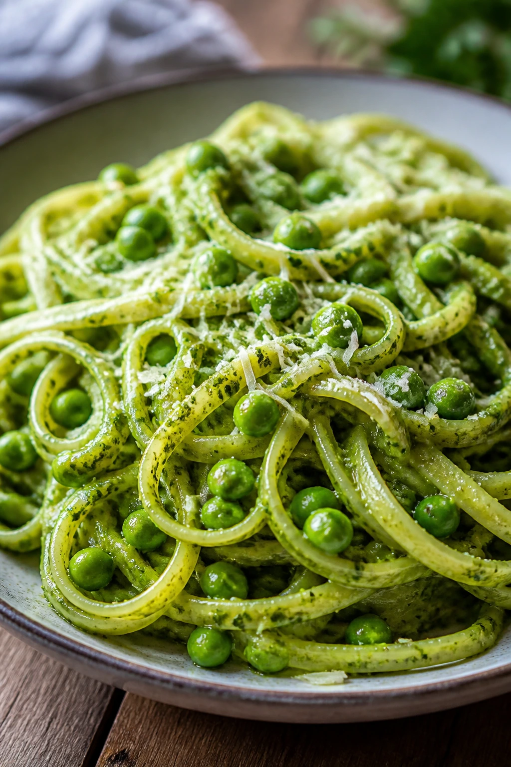 Close-up of pesto pea pasta on a plate
