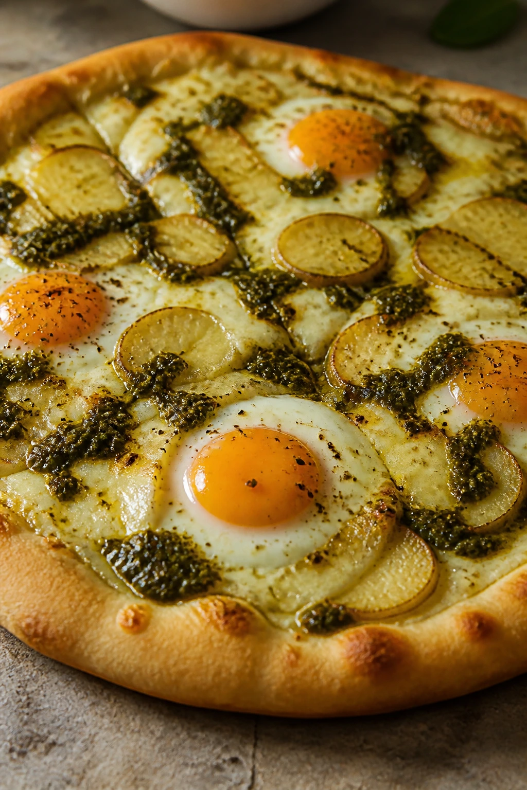 Close-up of pesto potato breakfast pizza with mozzarella