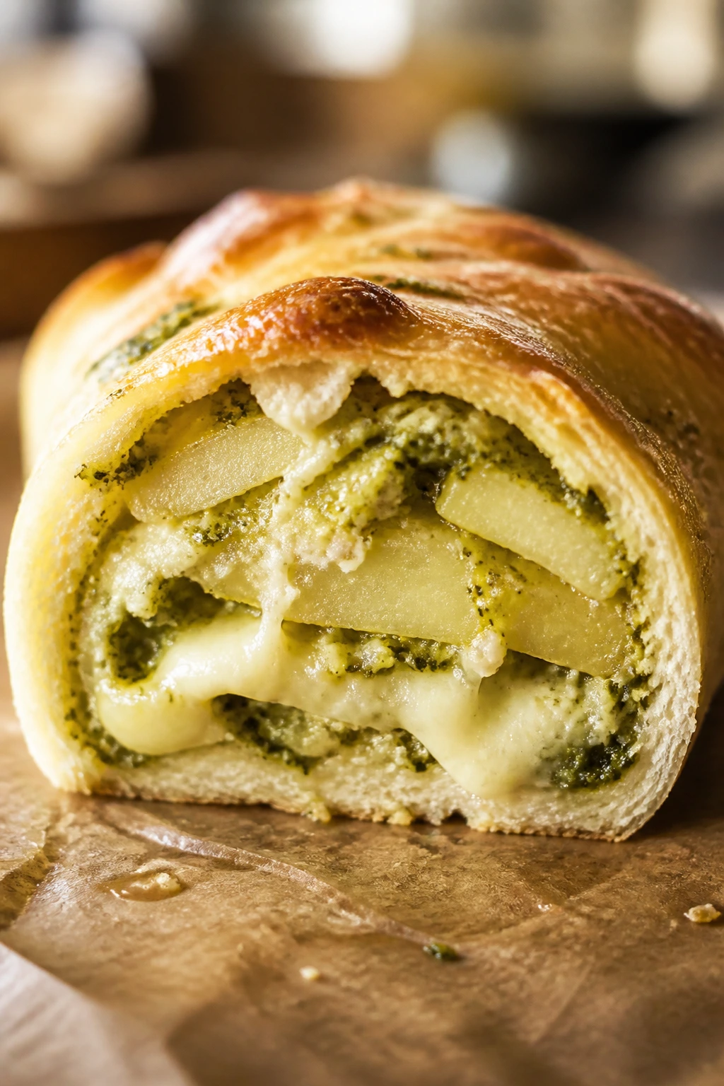 Cross-section of pesto potato mozzarella roll, layers visible