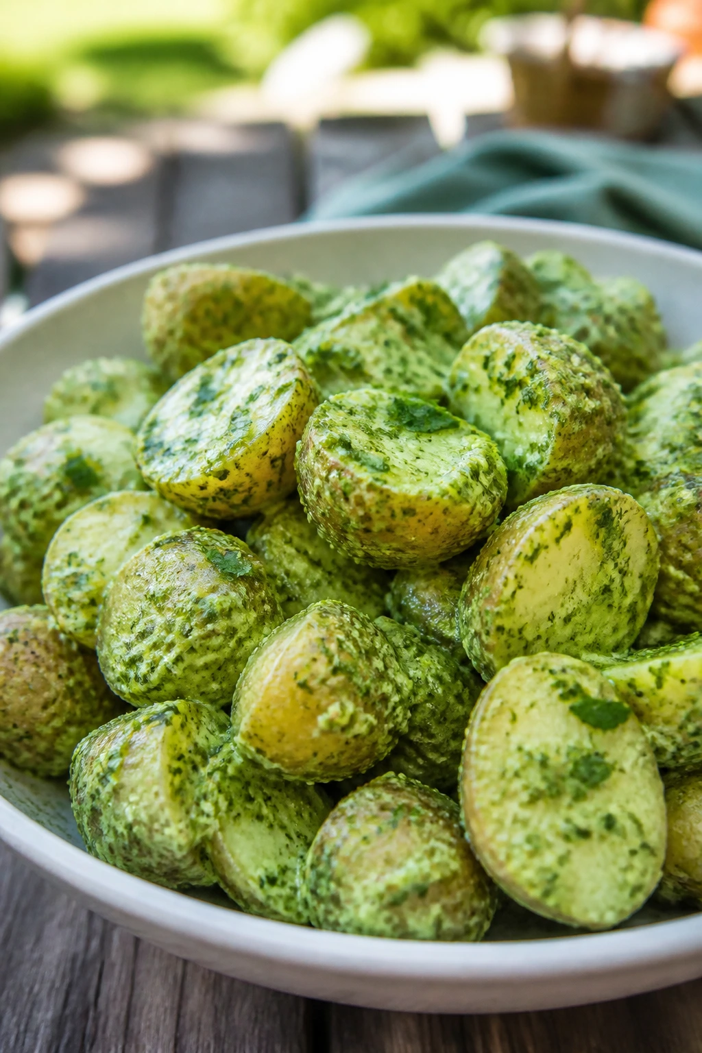 Close-up of pesto potato salad in a bowl outdoors