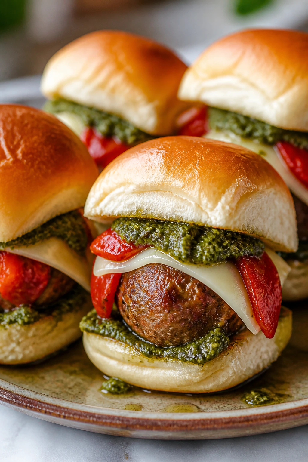 Close-up of pesto roasted red pepper sliders with provolone