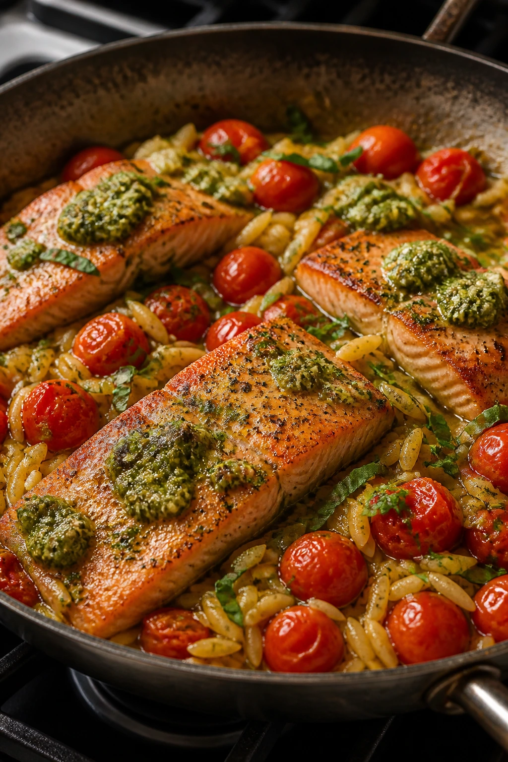 Skillet with pesto salmon, tomatoes, and orzo