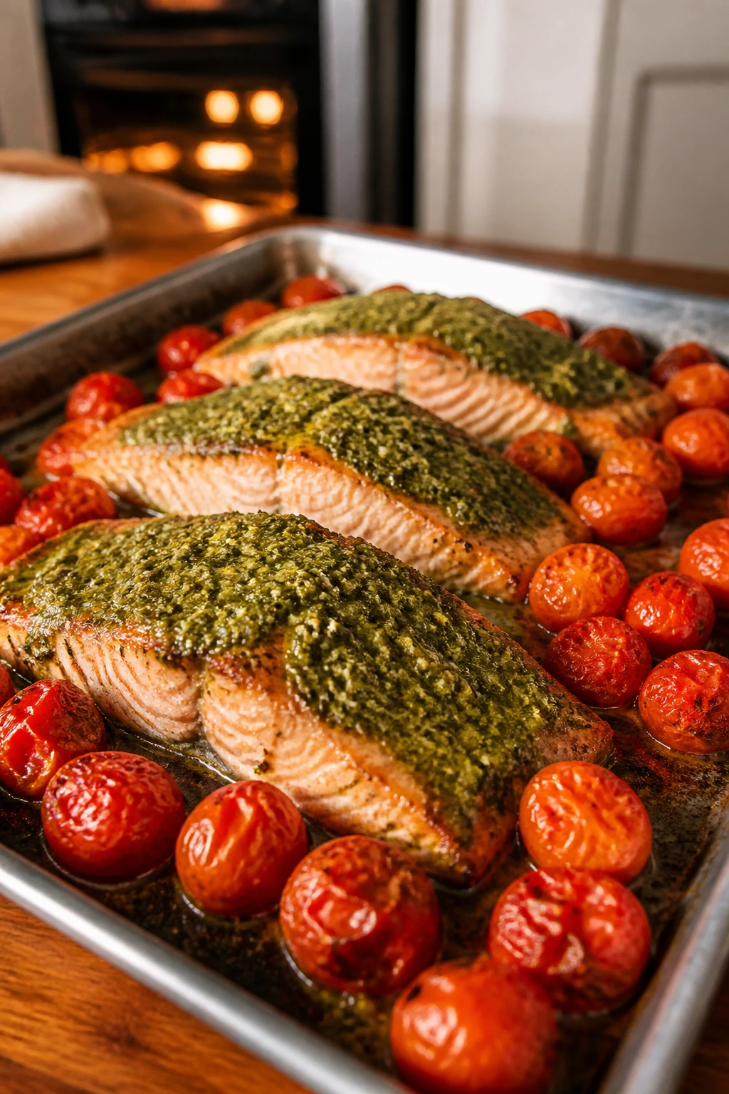 Pesto-coated salmon with roasted tomatoes on a sheet pan