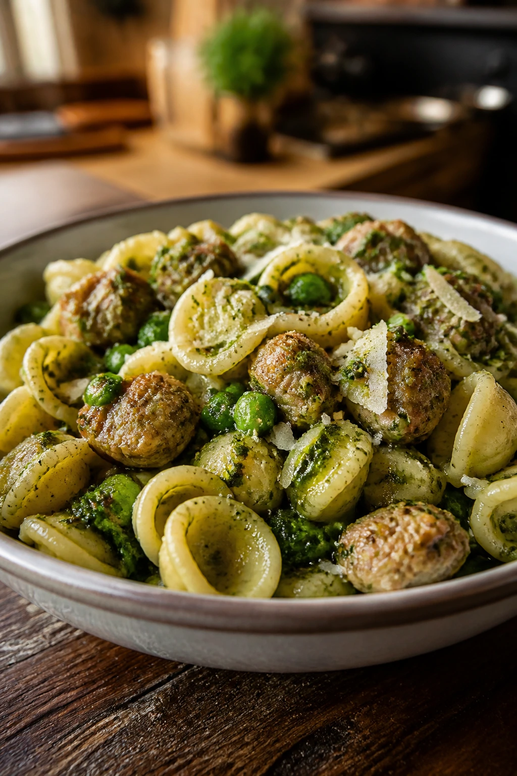 Plate of pesto sausage pasta with peas and parmesan