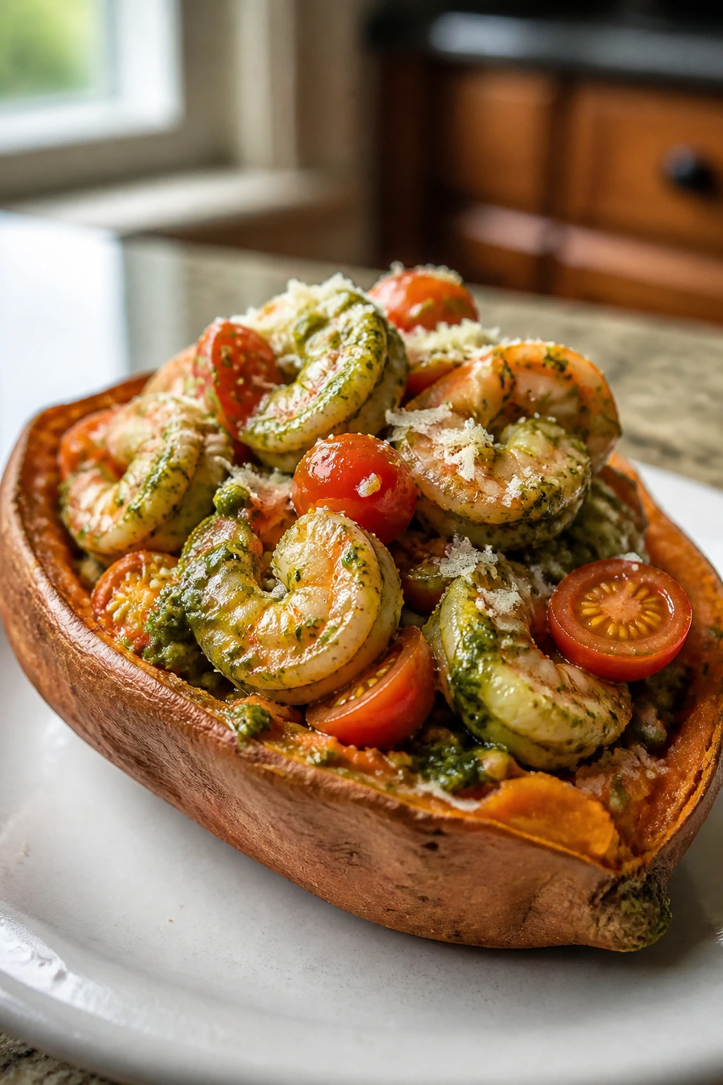 Close-up of a potato stuffed with pesto shrimp and tomatoes in a kitchen setting.