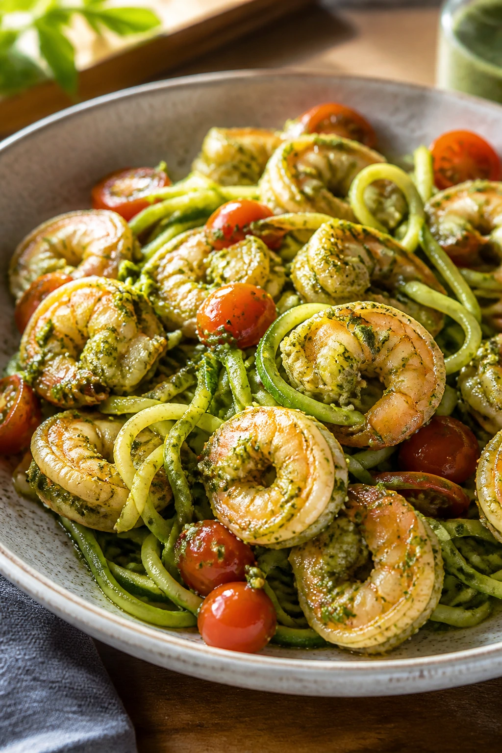 Close-up of shrimp with zucchini noodles and pesto