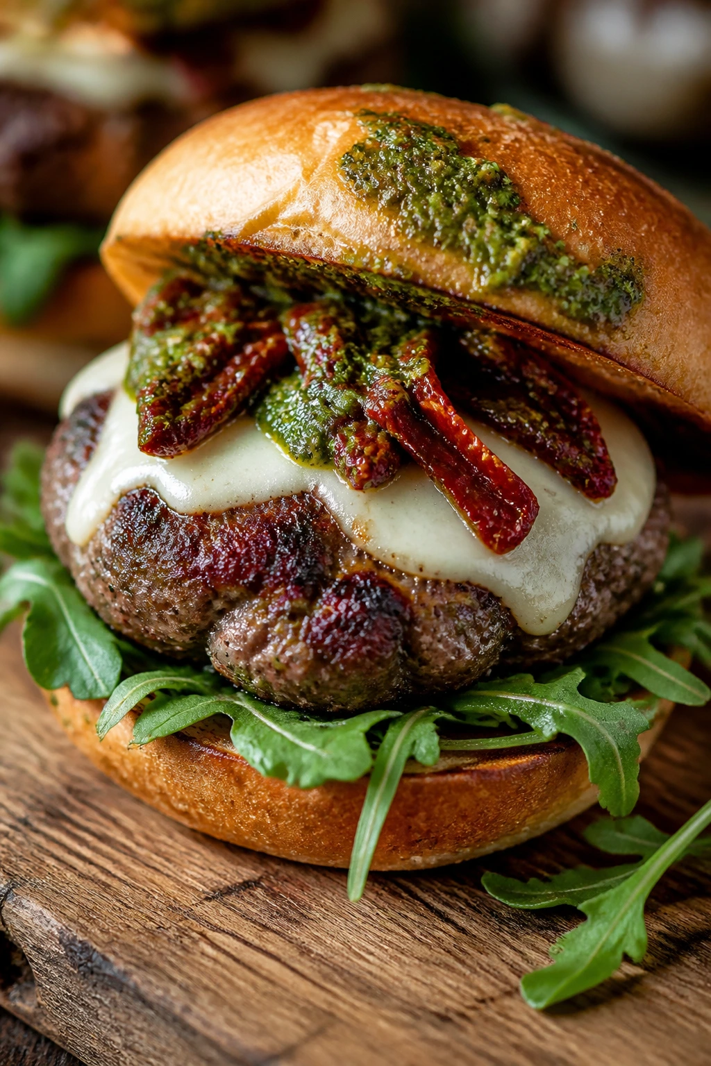 Close-up Sun-Dried Tomato Pesto Burger with mozzarella and arugula