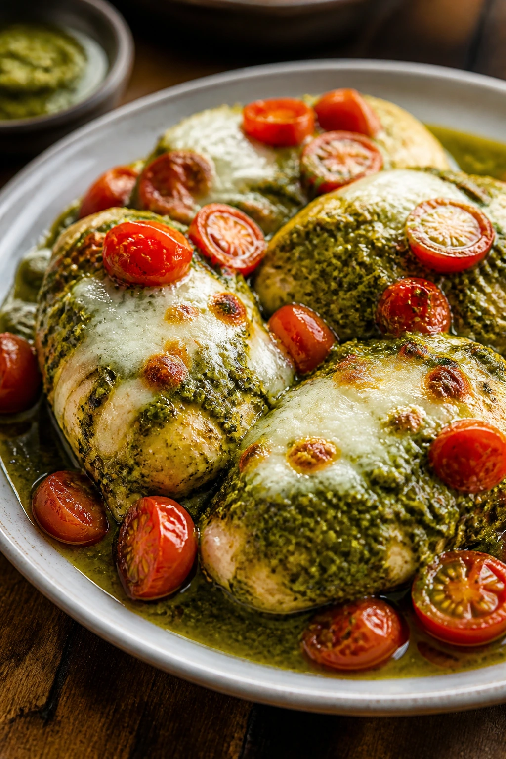 Chicken with pesto sauce, tomatoes and melted mozzarella
