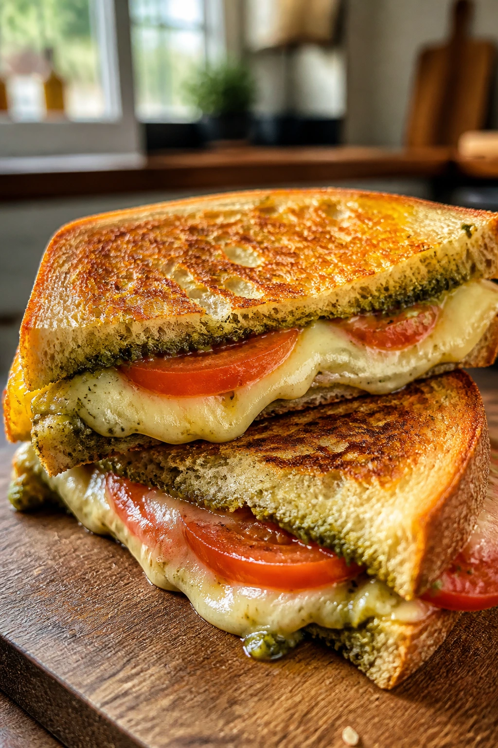Close-up of a golden pesto-tomato grilled cheese on a wooden board with melted cheese