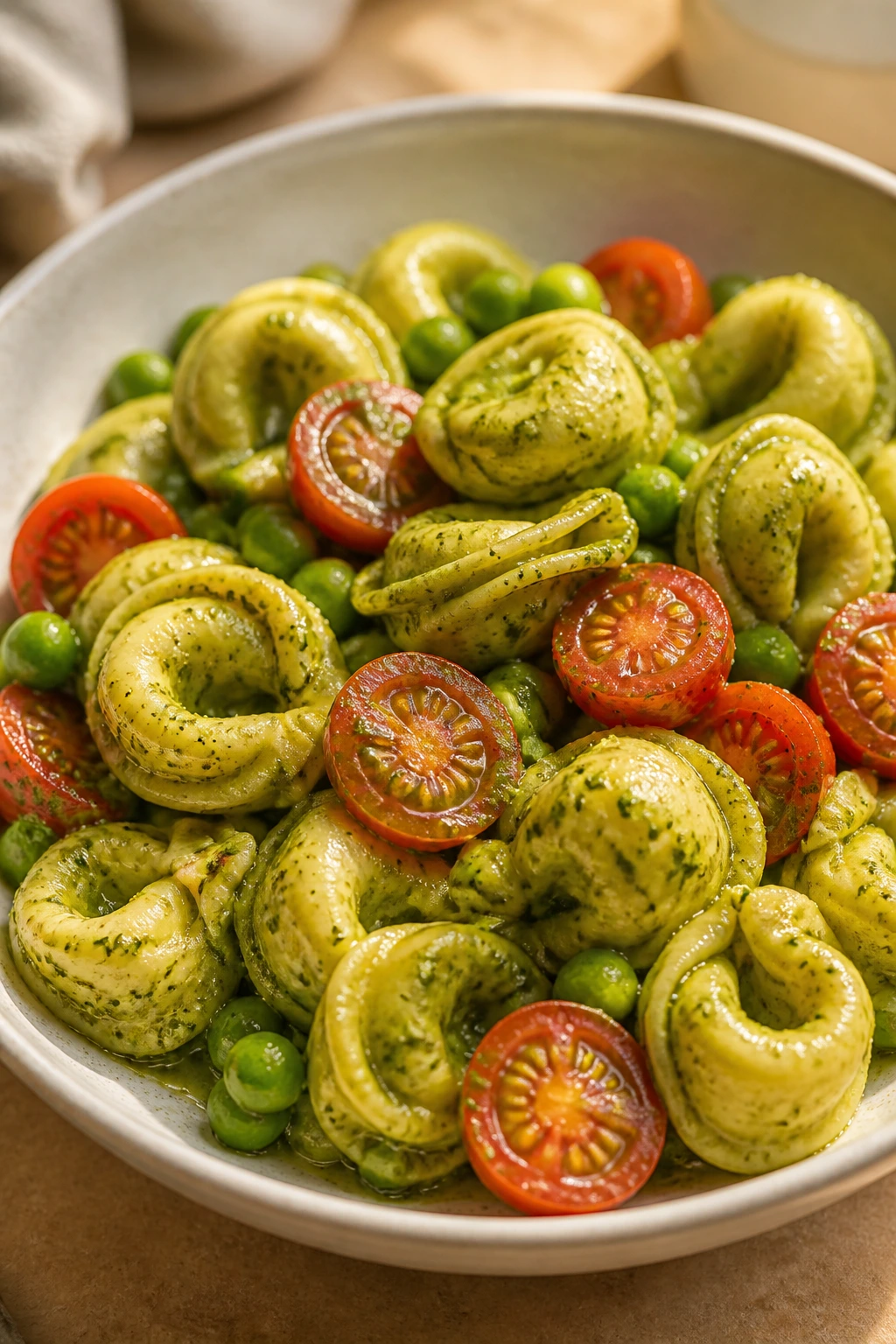 Close-up of pesto tortellini with cherry tomatoes in a bowl