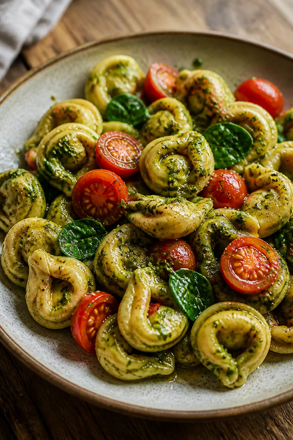 Close-up of pesto tortellini with cherry tomatoes on a rustic plate
