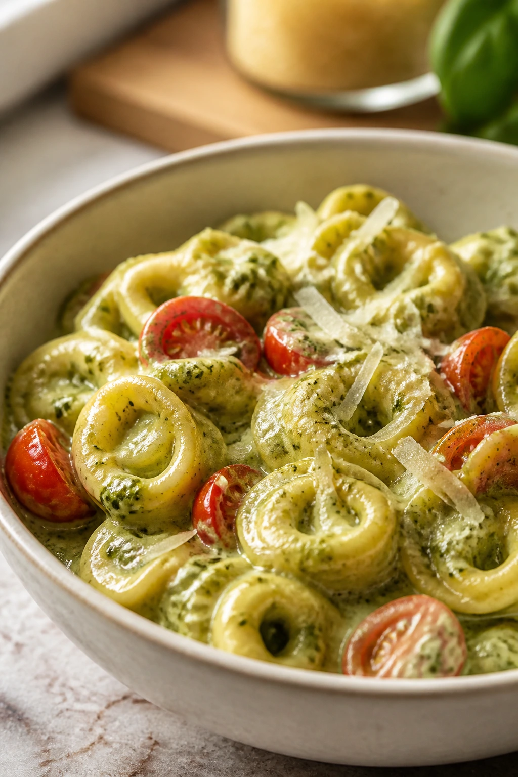 Close-up of creamy pesto tortellini with tomatoes and parmesan