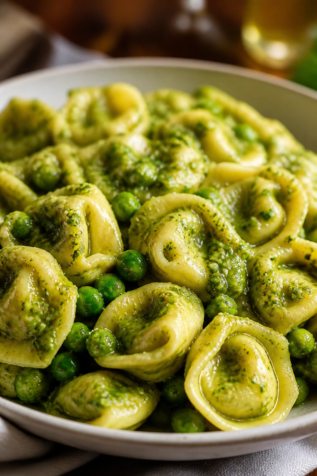 Bright green pesto tortellini with peas on a plate