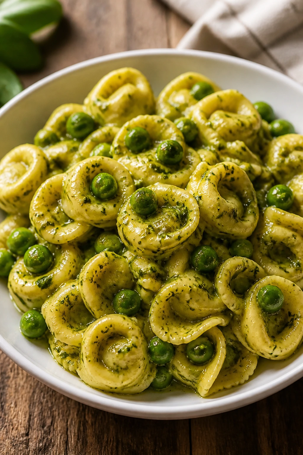 Close-up of pesto tortellini with peas in a white bowl, vibrant green sauce.