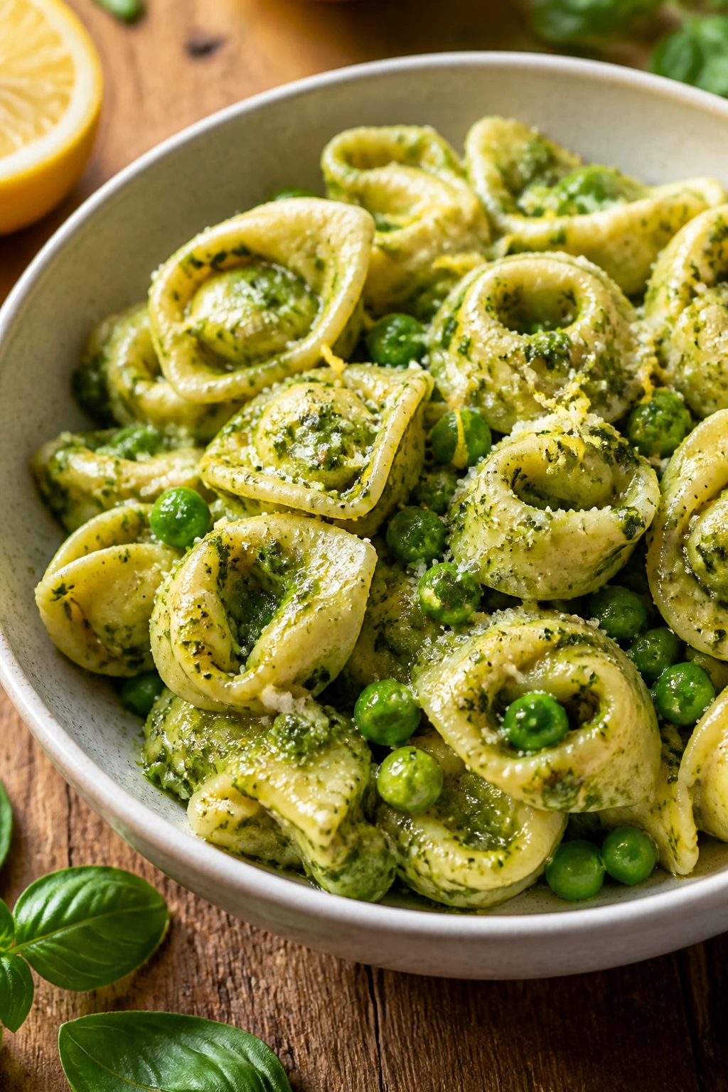 Plate of pesto tortellini with peas and lemon zest