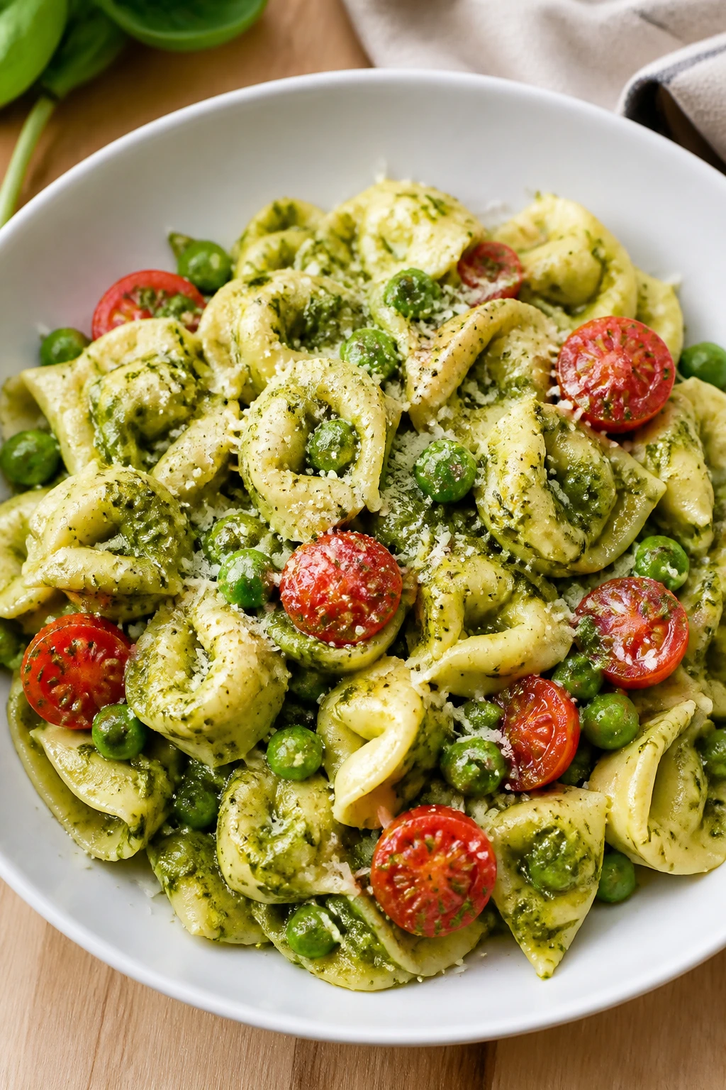 Plate of pesto tortellini with peas and cherry tomatoes