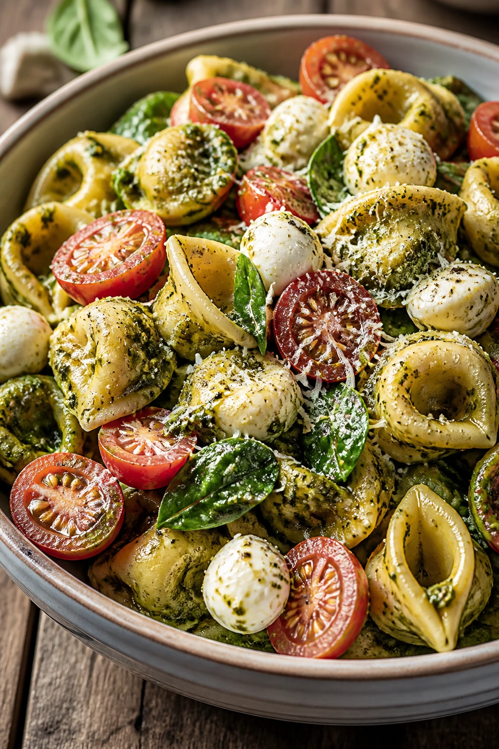 Close-up of pesto tortellini salad with tomatoes and mozzarella on a wooden table