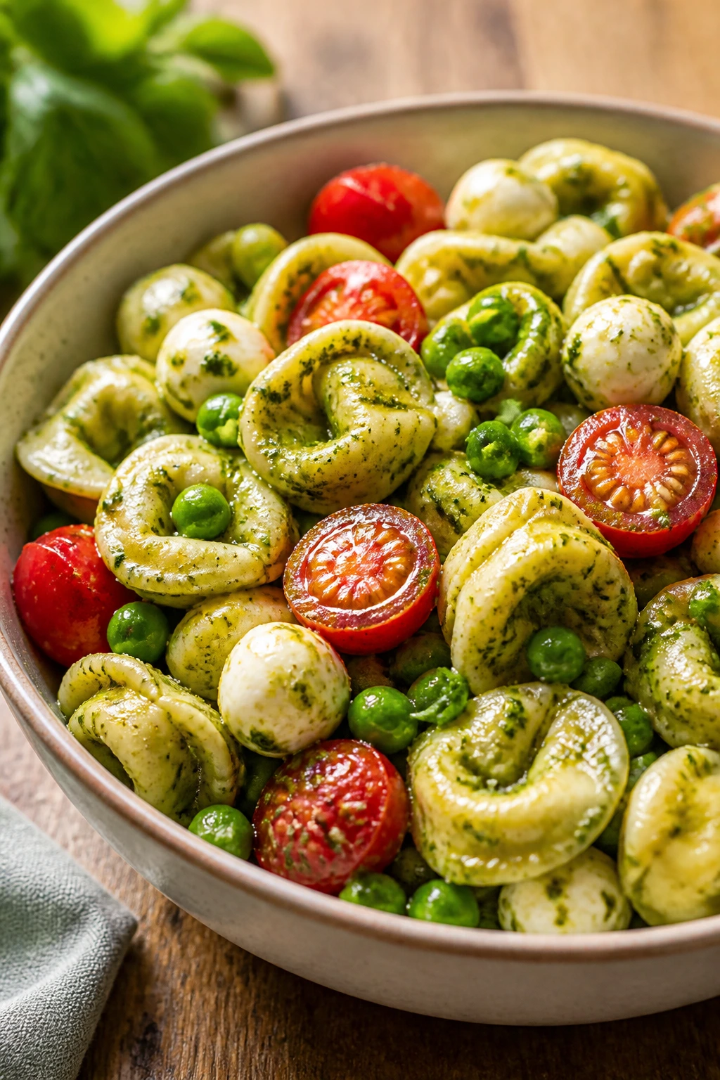 Close-up of pesto tortellini salad with peas and tomatoes in a bowl.