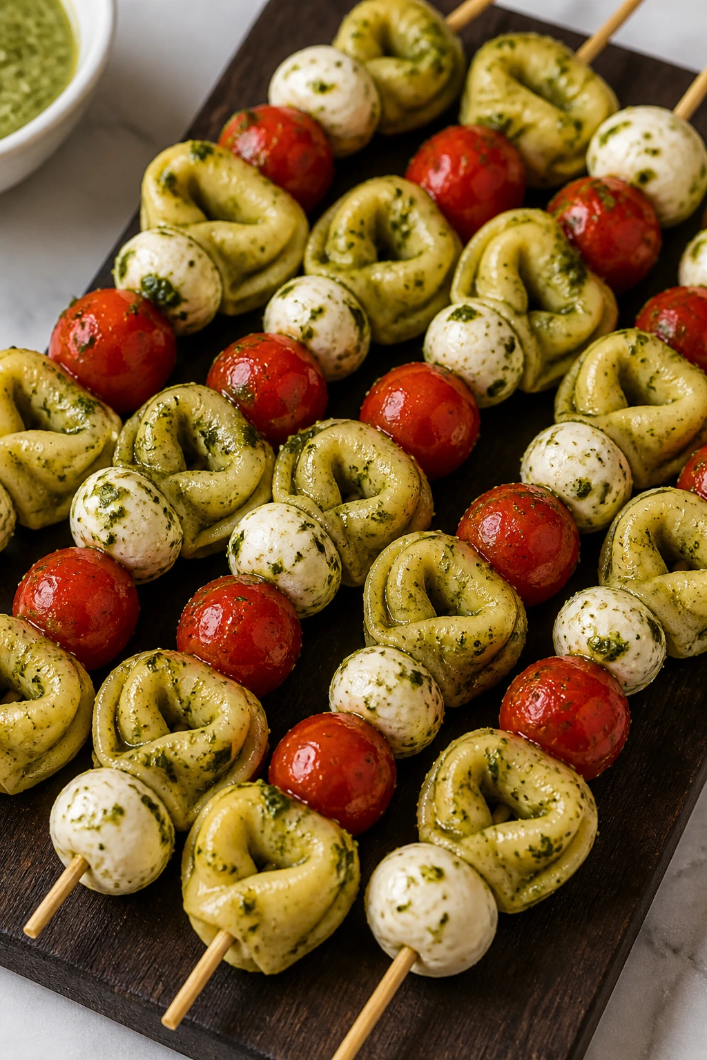 Skewers of pesto-tortellini with tomatoes and mozzarella