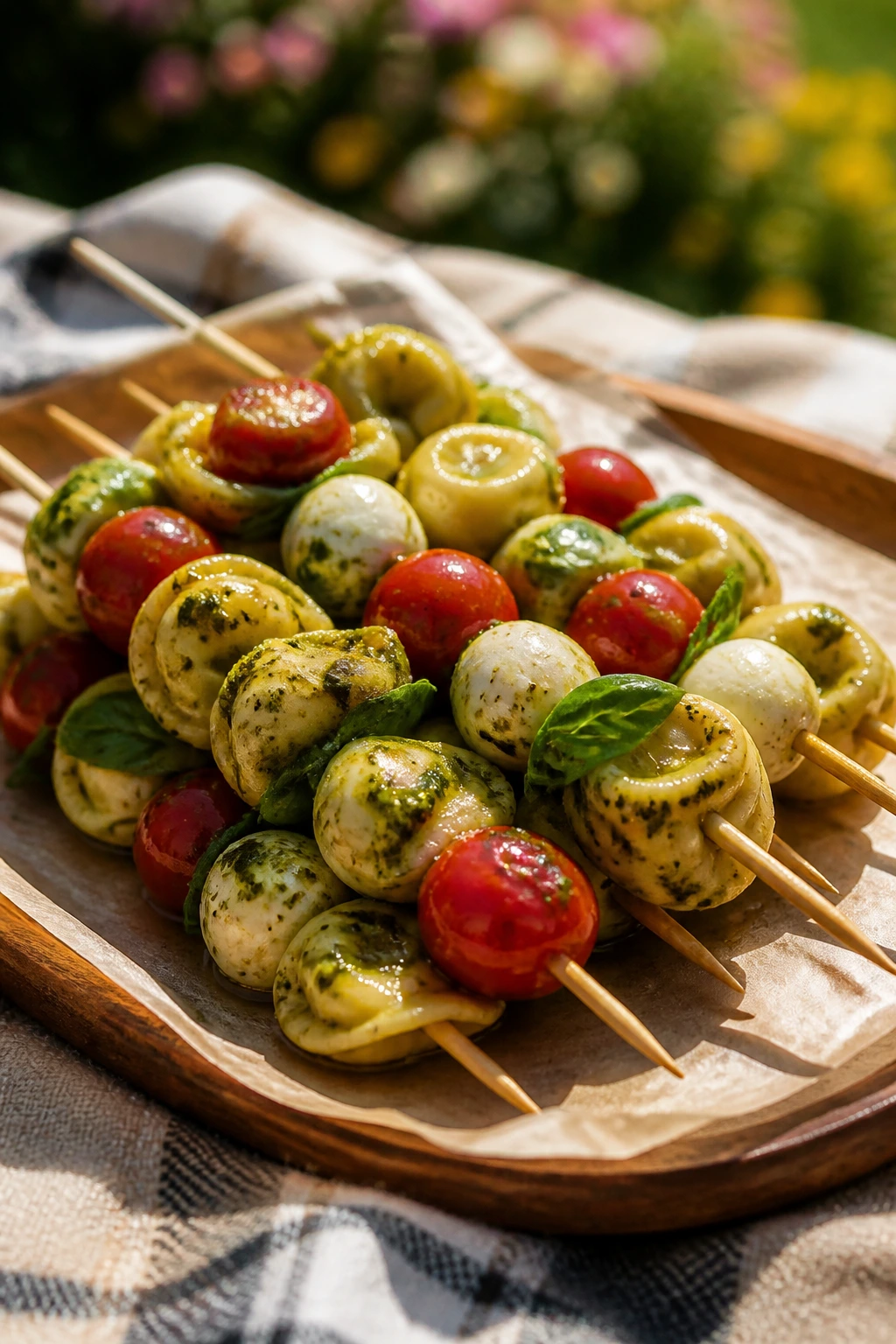 Pesto tortellini skewers on a picnic setting outdoors