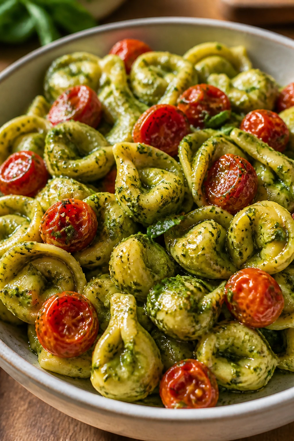 Pesto tortellini with roasted cherry tomatoes in a bowl