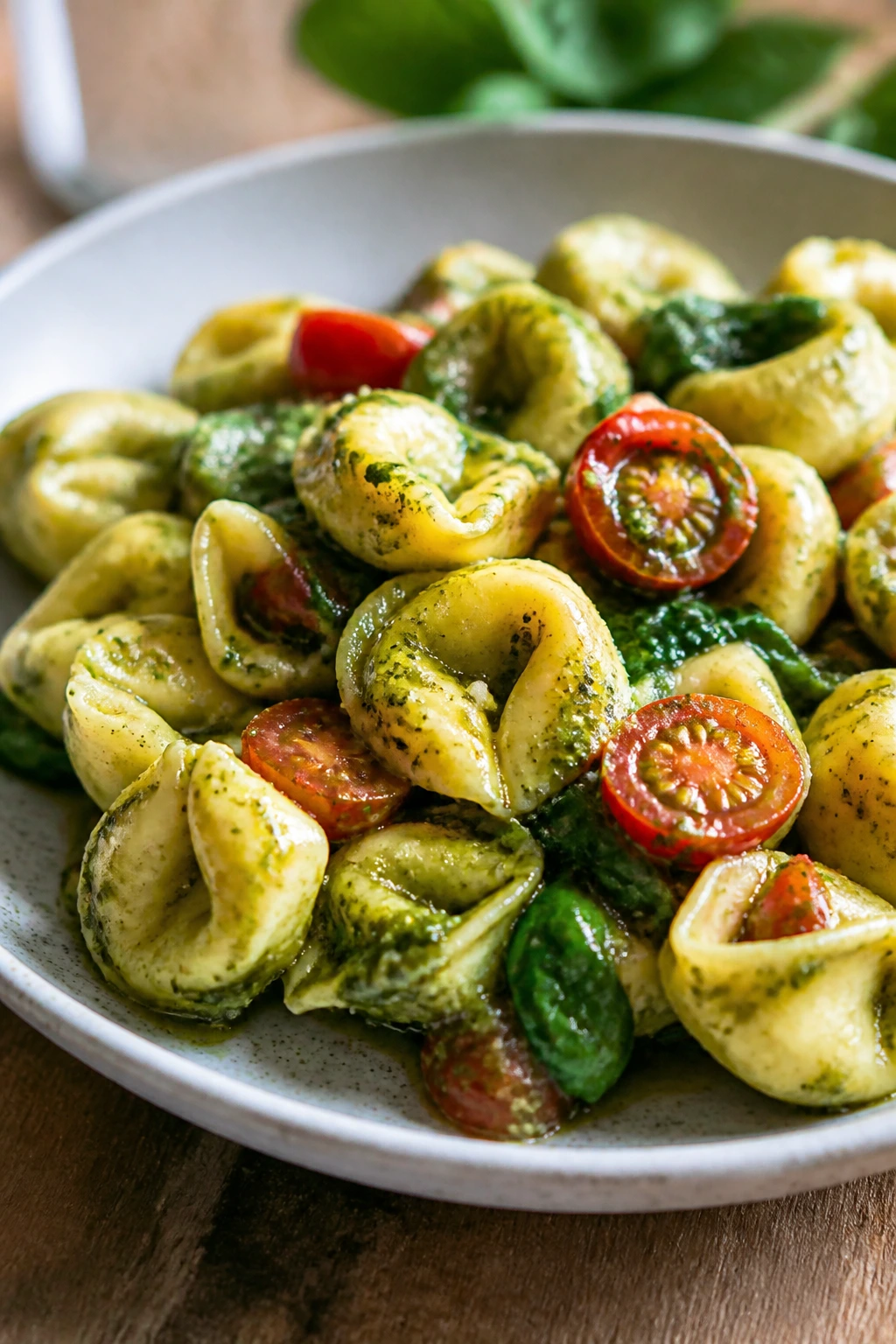 Plate of pesto tortellini with cherry tomatoes and spinach