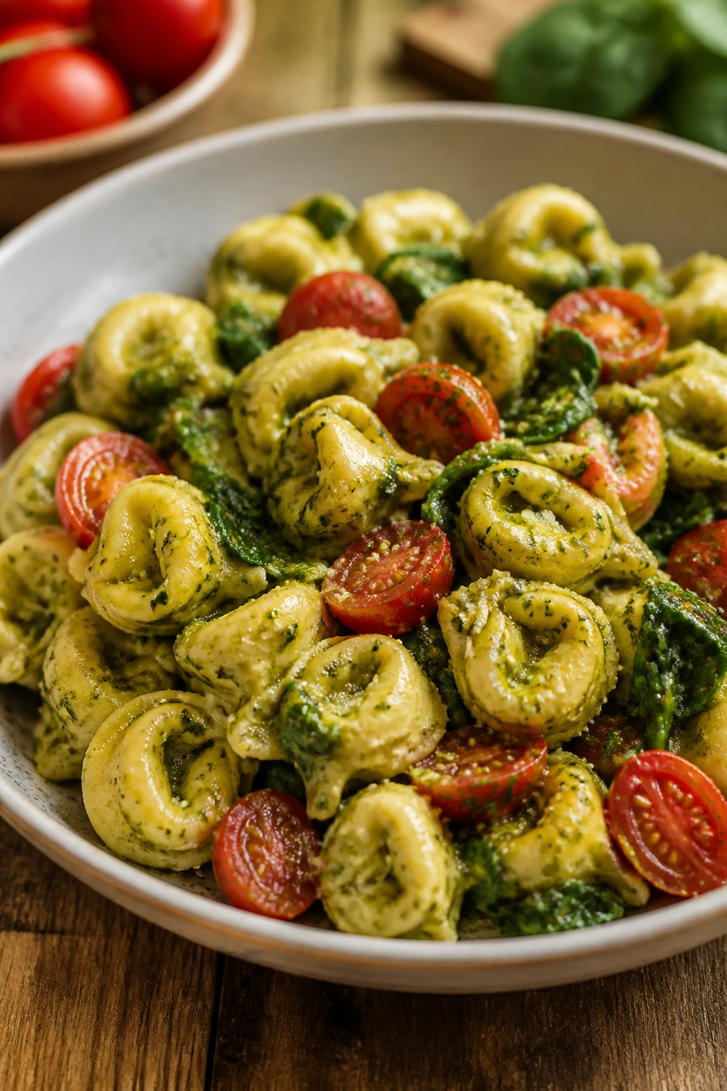 Pesto tortellini with tomatoes and spinach in a bowl