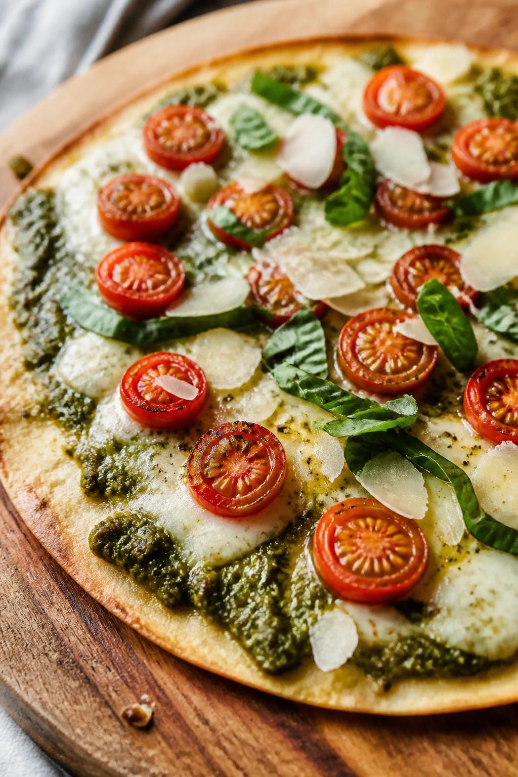Close-up of pesto tomato tortilla pizza with tomatoes and basil on a crisp tortilla crust