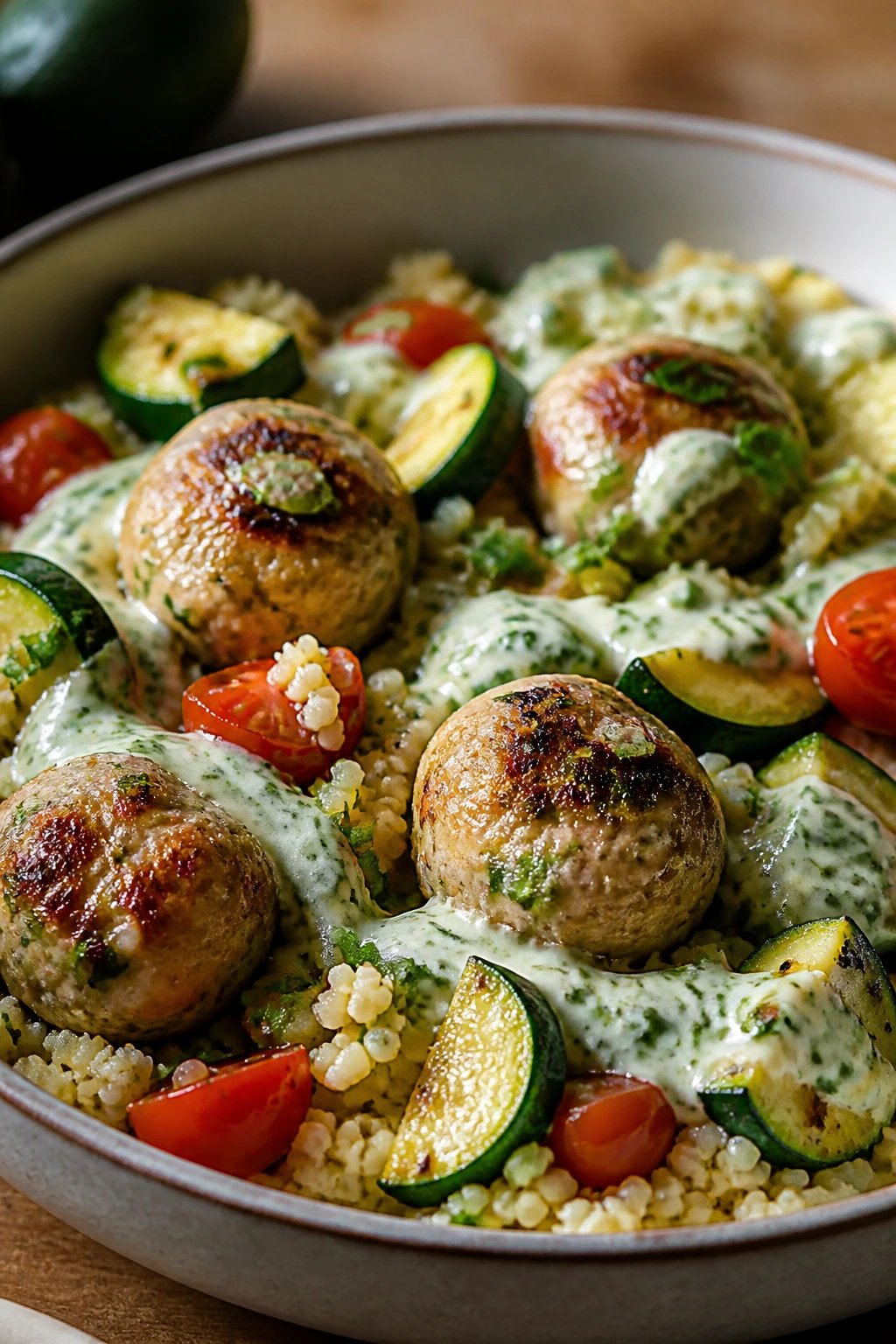 Close-up of pesto turkey meatball couscous bowl with zucchini