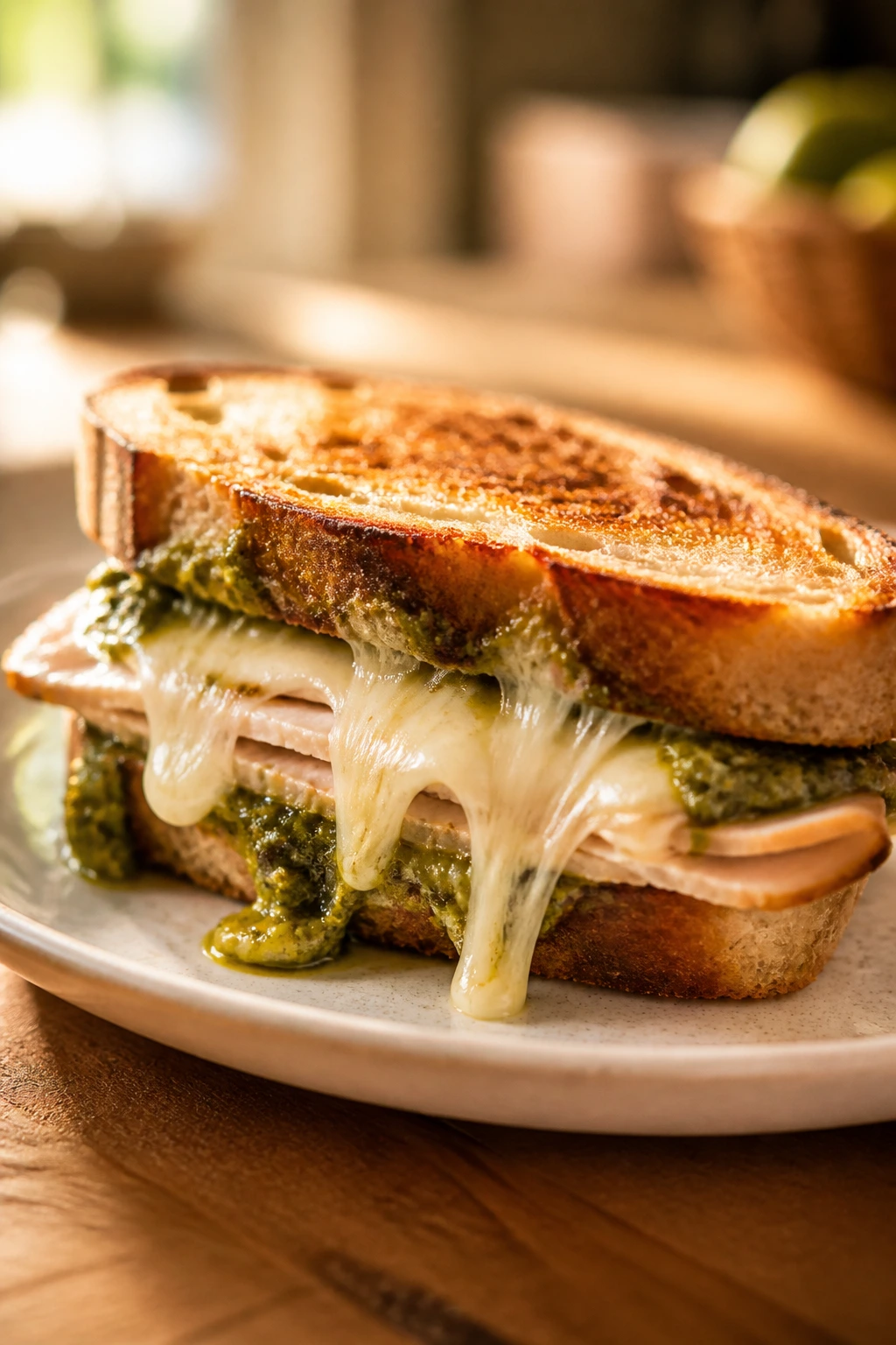 Close-up of a pesto turkey melt sandwich with melted mozzarella on a plate