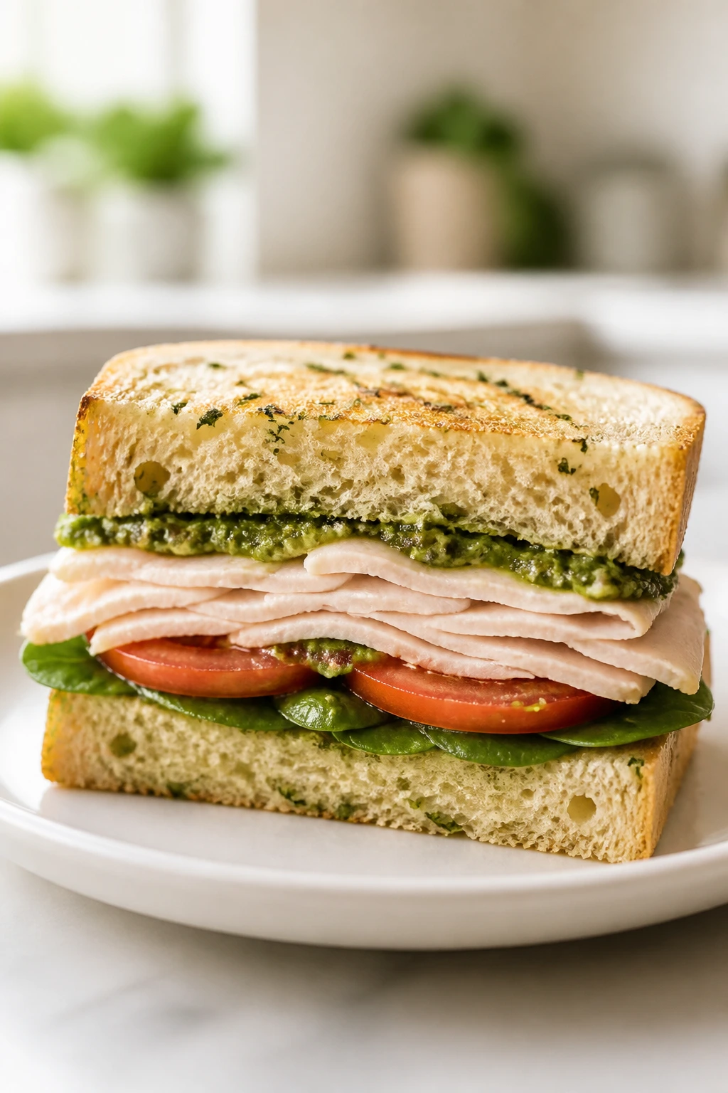 Close-up of pesto turkey sandwich half on plate
