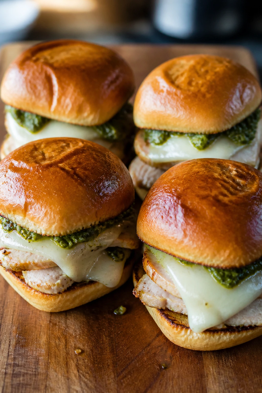 Pesto turkey sliders with melted mozzarella on toasted buns